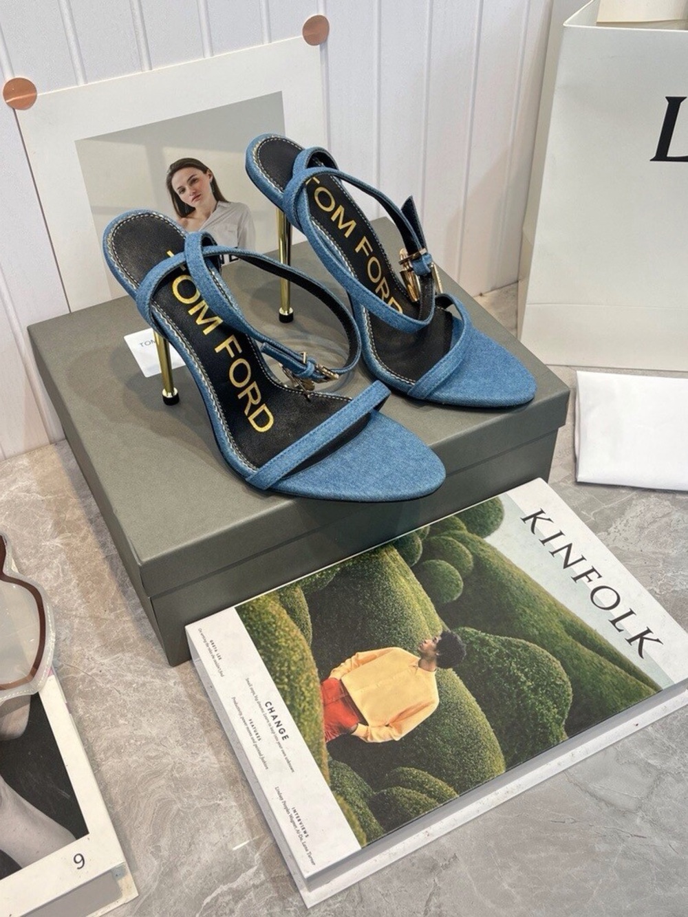 Tom Ford Blue Denim Cross-Strap Slingback Heels - Picture 5 of 5